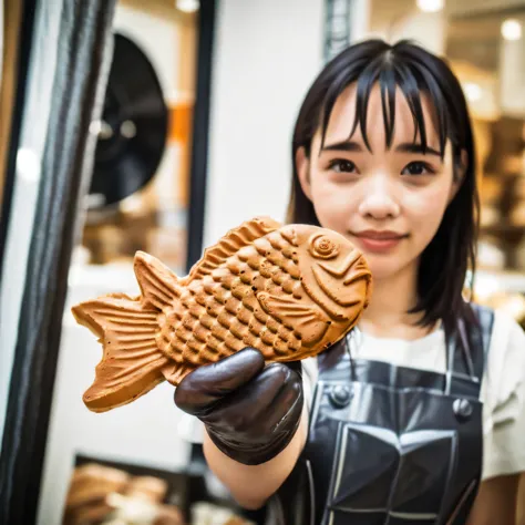 palm-sized taiyaki１t, the tail of the taiyaki is being held by a shop assistant wearing an apron and vinyl gloves., the shop ass...