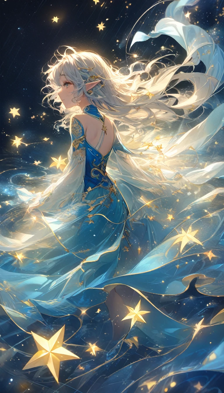 elfo travieso.Guardián nocturno.fondo azul oscuro，Un poema narrativo de ensueño，El cielo estrellado brilla con estrellas doradas，Hermosa chica oriental transformada en un elfo、Vestida de seda azul brillante，Fondo limpio，Pelo despeinado，Una gran cantidad de polvo de estrellas se acumula、Nadar por el río sinuoso de las estrellas，Cuando el viento sopla、Las líneas doradas emiten un suave resplandor.，estilo de diseño plano，colores saturados，Puntos dorados de luz brillan en el rostro de una hermosa chica，tranquilo y gentil。