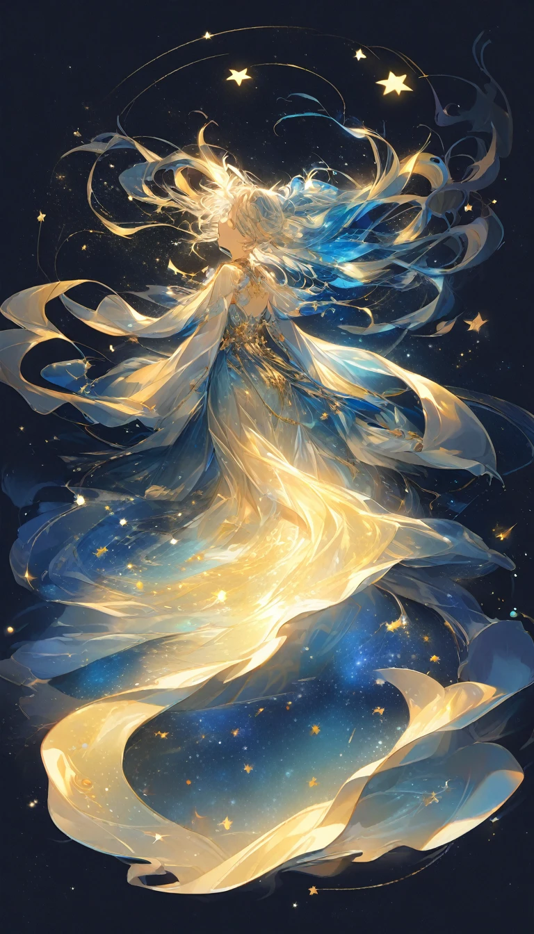 elfo travieso.Guardián nocturno.fondo azul oscuro，Un poema narrativo de ensueño，El cielo estrellado brilla con estrellas doradas，Hermosa chica oriental transformada en un elfo、Vestida de seda azul brillante，Fondo limpio，Pelo despeinado，Una gran cantidad de polvo de estrellas se acumula、Nadar por el río sinuoso de las estrellas，Cuando el viento sopla、Las líneas doradas emiten un suave resplandor.，estilo de diseño plano，colores saturados，Puntos dorados de luz brillan en el rostro de una hermosa chica，tranquilo y gentil。