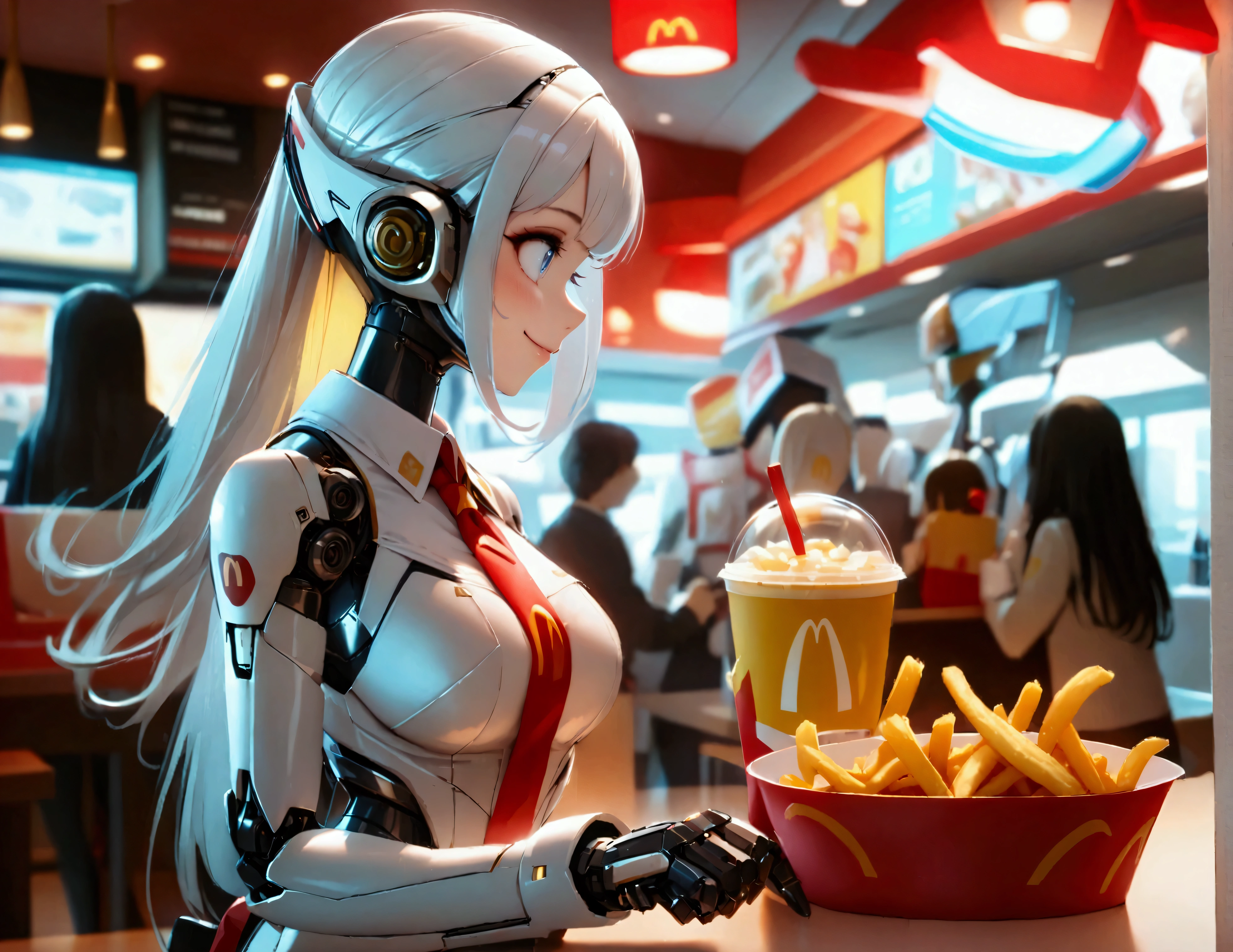 quality\(8k,wallpaper of extremely detailed CG unit, ​masterpiece,hight resolution,top-quality,top-quality real texture skin,hyper realisitic,increase the resolution,RAW photos,best qualtiy,highly detailed,the wallpaper,cinematic lighting,ray trace,golden ratio\), BREAK , 1girl\((robot),(mecha),android,clerk\(McDonald's\),smile,wearing uniform\(McDonald's\),eye shining,metalic hair,metaric skin,(moving so fast),(motion blur:1.2),cute,big,serving humberger and Macshake and Potato_fries,\),background\(inside shop\(McDonald's\),many customers\(human\)\),dynamic pose,dinamic angle