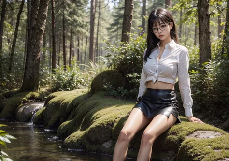 detailed_background, detailed_body, realistic, full body view, 1 girl solo, eye glasses, blushes, dark forest background, straig...