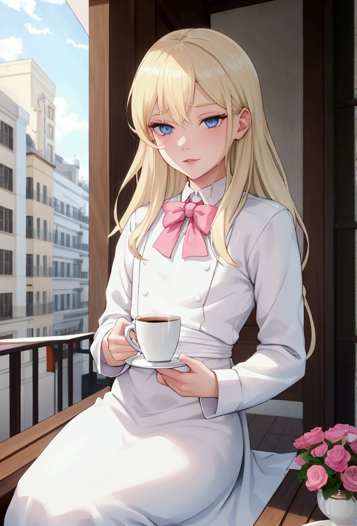 Blonde hair boy, light blue eyes, White skin, delicate features of the face, pink lips , slim build, White shirt, on a balcony sitting with a cup of coffee at noon.