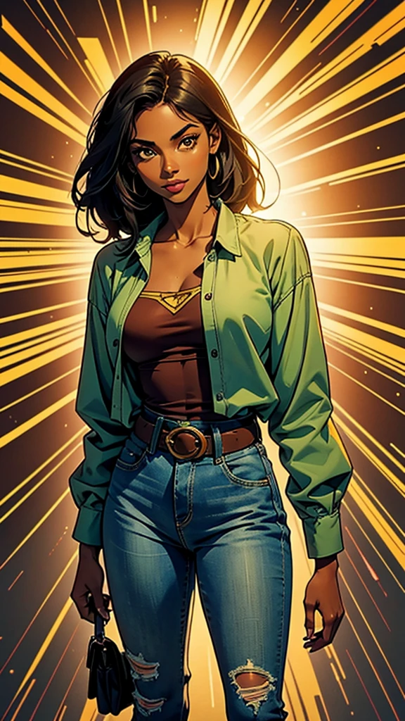 Leilani, she is short, with dark skin and straight hair, approximately 21 years old and with a cheerful personality, she was wearing a green and denim blouse and in the middle a brown belt that showed off her thin waist, comic style