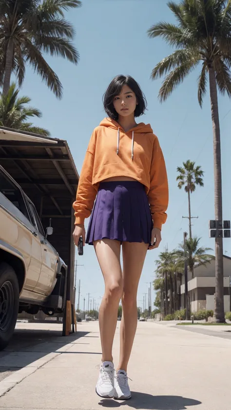 long shot portrait of cute 23 yo girl ,wear ((orange color oversized_hoodie)), wear ((purple tennis skirt)),looking front,Best Q...