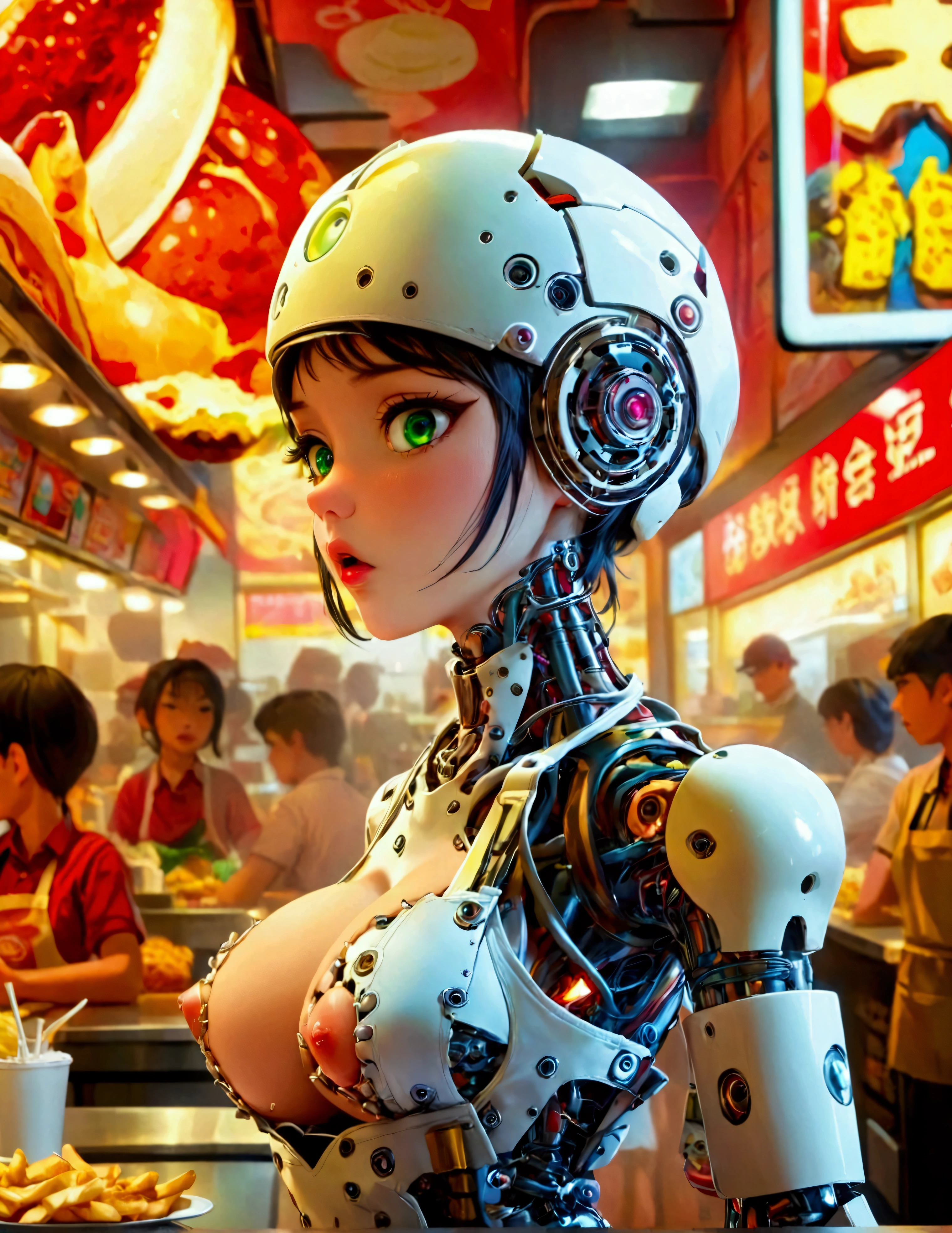 A cute android (giga busty, neon backlit eyes, clearly mechanical joints -  SeaArt AI