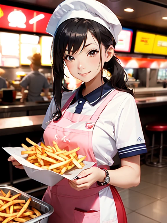 1 chica, Imagen de un trabajador de comida rápida preparando hamburguesas y papas fritas frente a una freidora。Los colores uniformes se usan para los uniformes.、usando delantal y gorra。