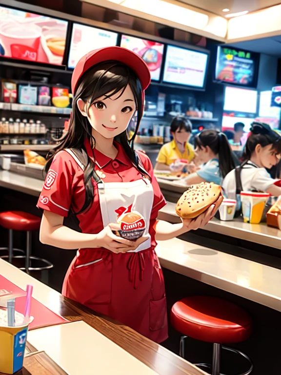 女の子1人, トレイにハンバーガーを載せて提供するファーストフード店員、じゃがいも、飲み物を持ってカウンター越しに顧客に渡す人の画像。明るく照らされた室内はモダンな装飾が施されている.、清潔で快適な座席が見える。スタッフは名札とヘッドセットを着用しています.、背景にはファストフードのロゴやポスターが飾られている。