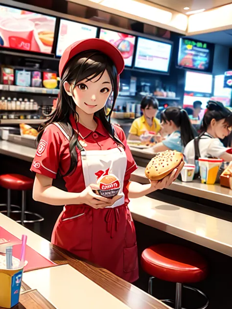 1 girl, Fast food worker serving hamburger on tray、potato、Image of a person holding a drink and handing it over the counter to a...