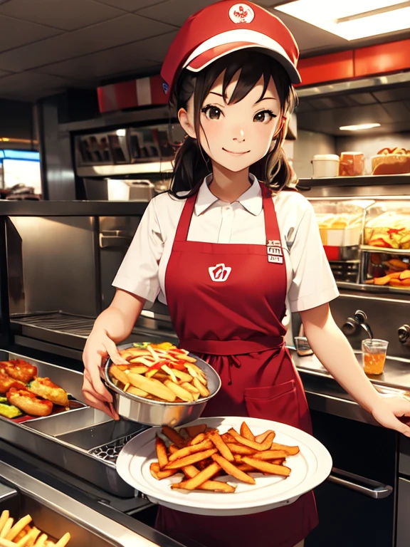 女の子1人, フライヤーの前でハンバーガーとフライドポテトを準備しているファーストフード店員の画像。ユニフォームにはユニフォームカラーが使用される.、エプロンと帽子を着用。