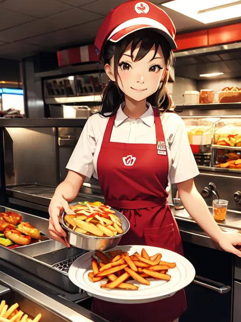 1 girl, Image of a fast food worker preparing burgers and fries in front of a fryer。The uniform colors are used for the uniforms...