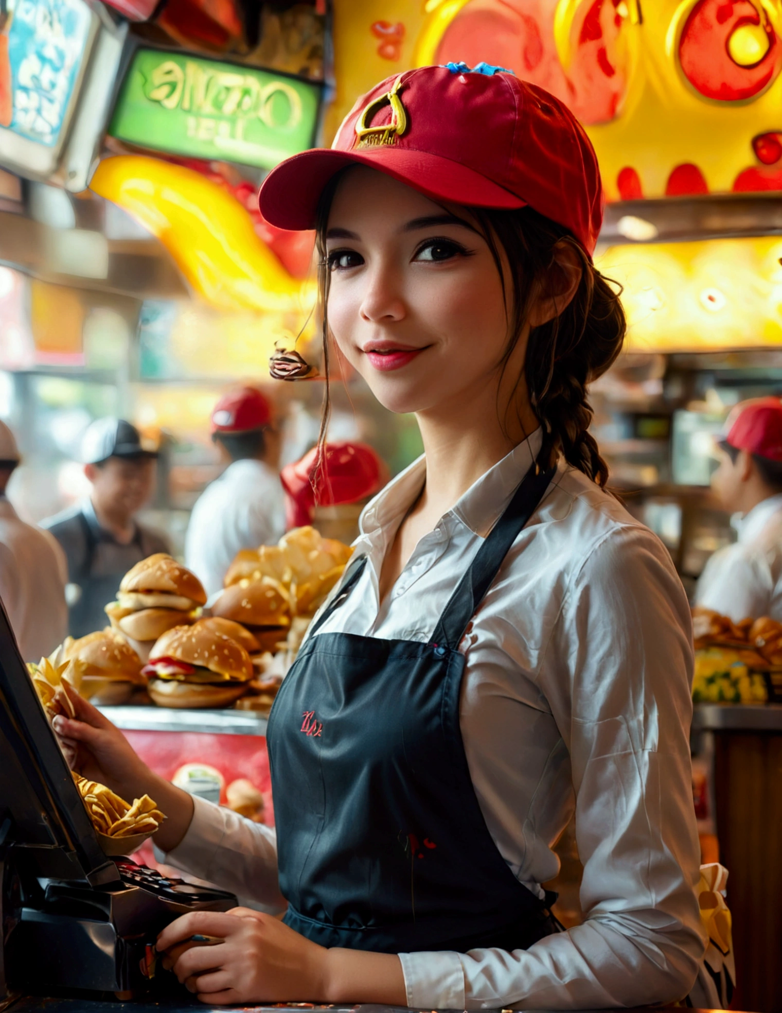 A android fast food worker(cute woman, apron and cap, awkward happy poses), is working the cash register at 'Taco Bell', crowded, busy