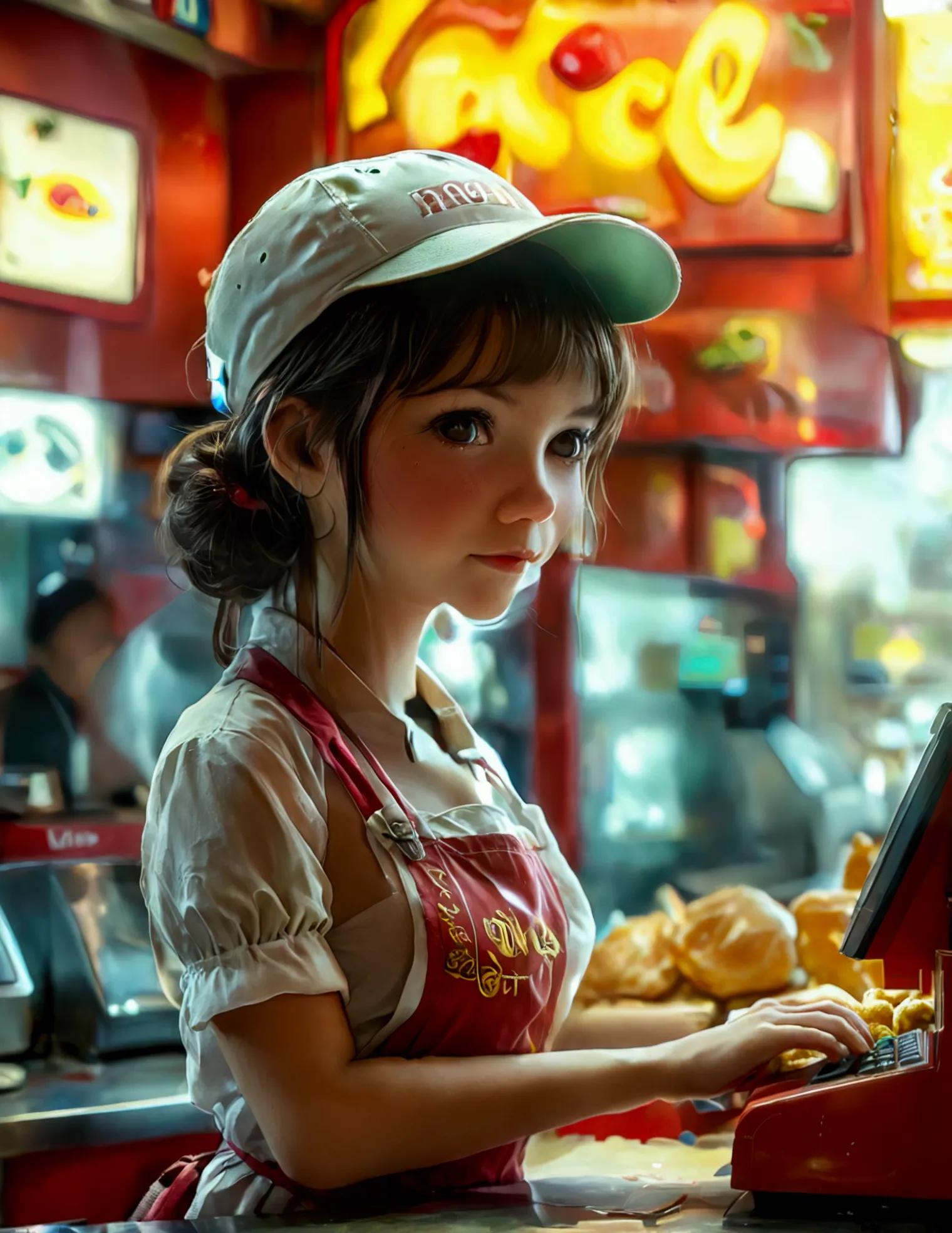 A android fast food worker(cute woman, apron and cap, awkward happy poses), is working the cash register at 'Taco Bell', crowded...