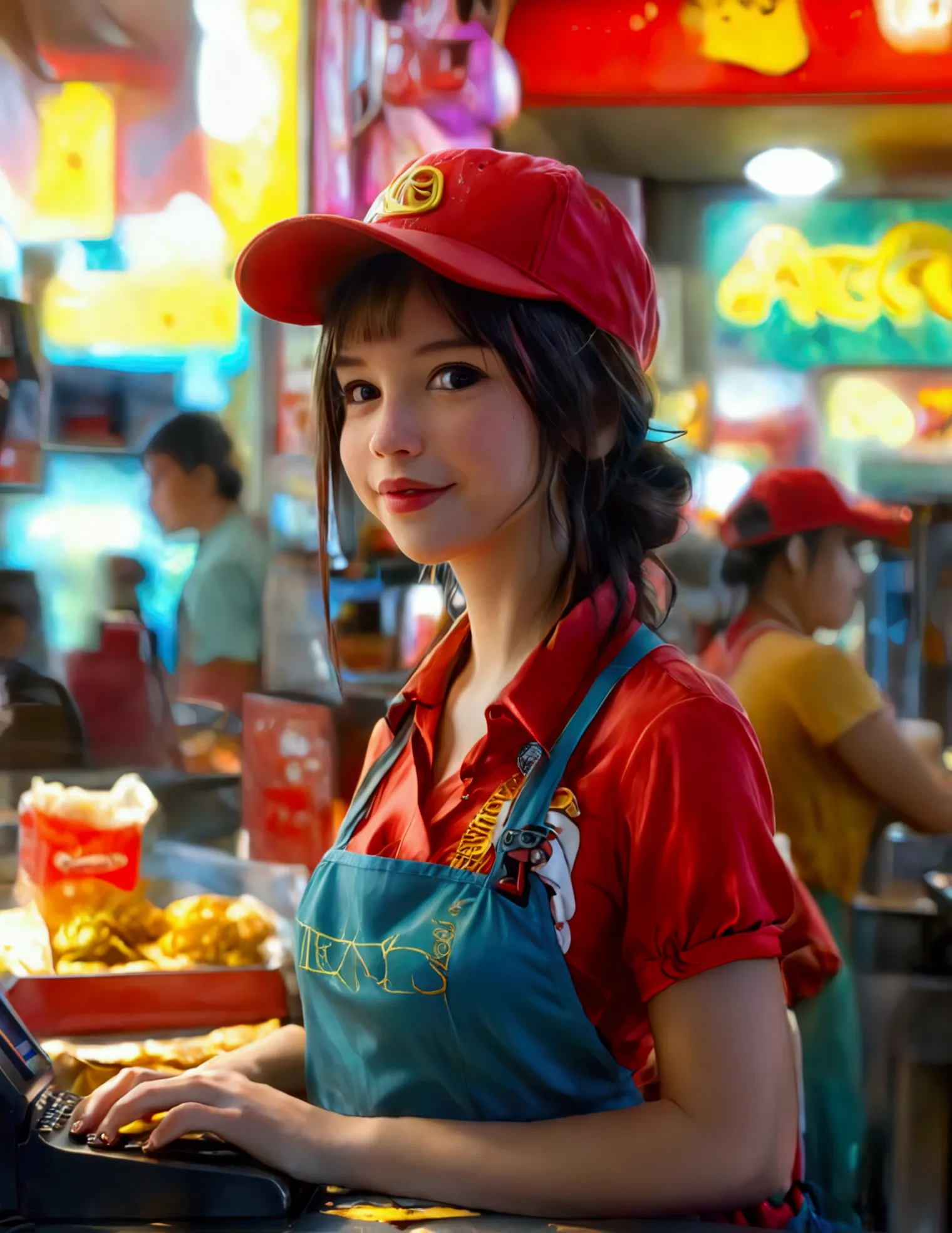 A android fast food worker(cute woman, apron and cap, awkward happy poses), is working the cash register at 'Taco Bell', crowded...