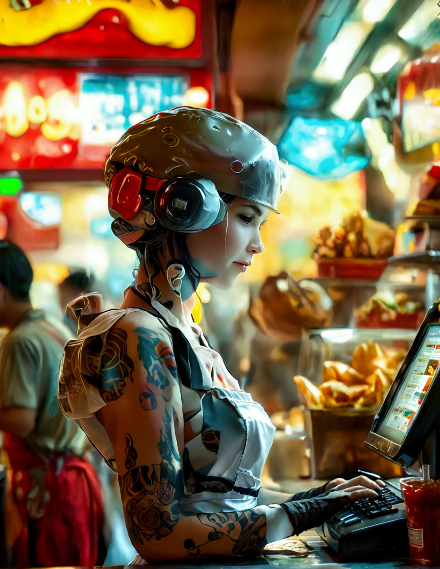 A android fast food worker(cute woman, apron and cap, awkward happy poses), is working the cash register at 'Taco Bell', crowded, busy
