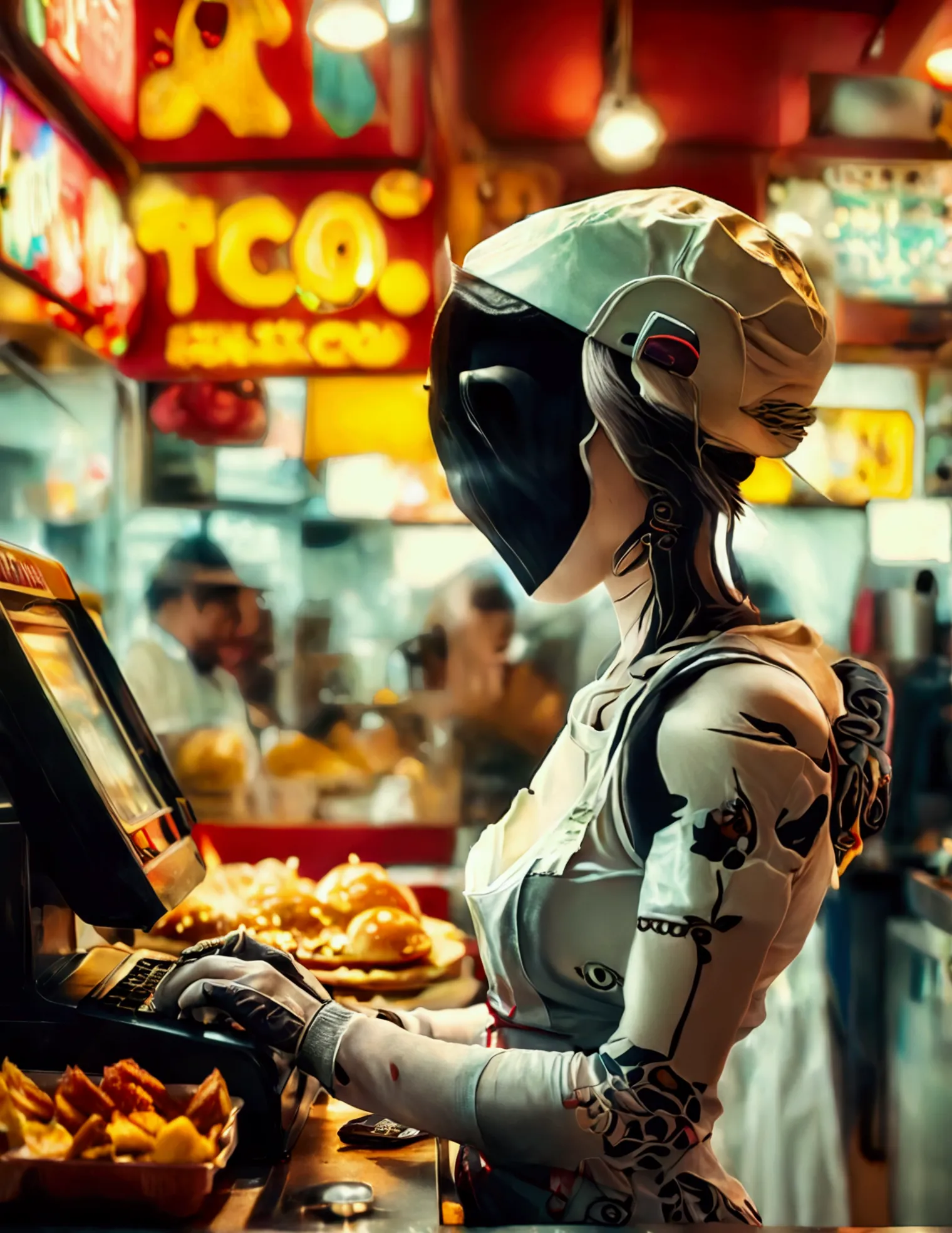 A android fast food worker(cute woman, apron and cap, awkward happy poses), is working the cash register at 'Taco Bell', crowded...