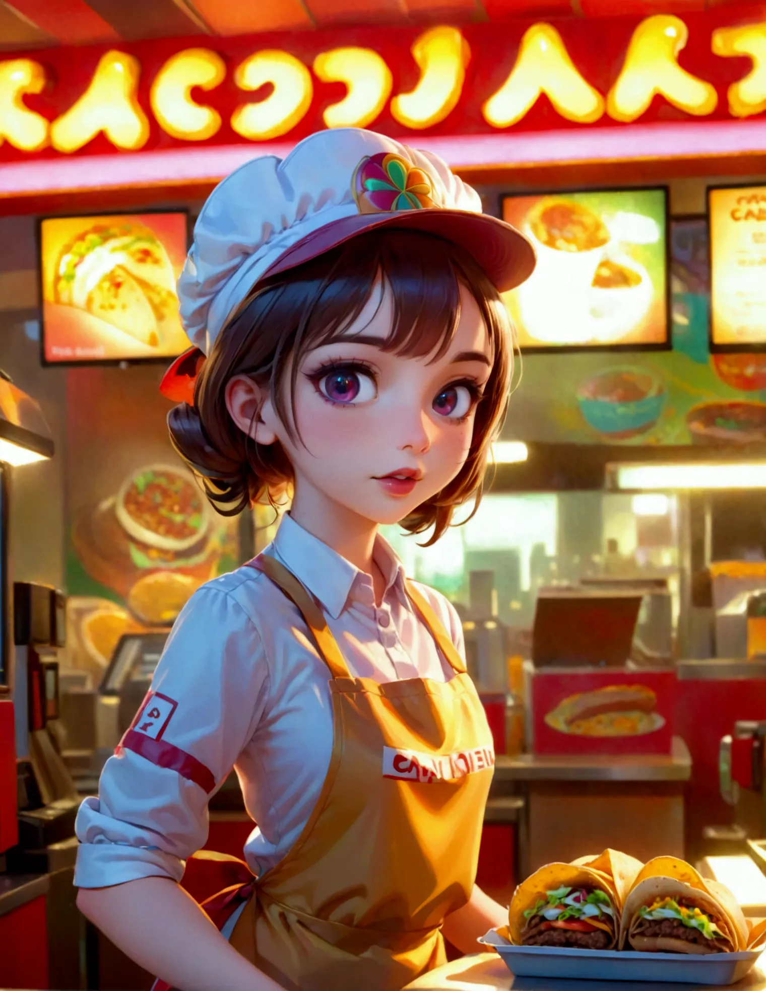 A cute android fast food worker in an apron and cap, awkwardly happy poses, working the cash register at a crowded, busy Taco Be...
