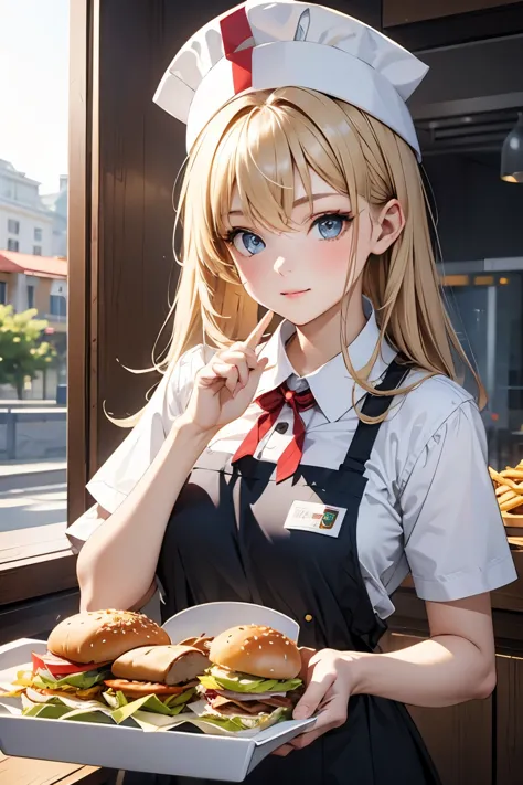 (young woman wearing a fast food restaurant uniform、wearing a paper hat、hamburger_french fries_holding a tray with drinks:1.4)、c...