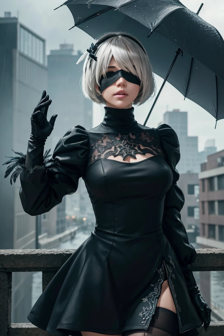 2B Nier Automata,Bobcut, Gray Hair,Long sleeve, Juliet Sleeve, White gloves, turtleneck, bangs, Feather ornament, Feather ornament sleeves, Blindfold, Black Goth Dress,Japanese Ultra HD,super high quality,masterpiece,Digital SLR,Photorealistic,Detailed details,Vivid details,Depicted in detail,A detailed face,Detailed details,Super Detail,Realistic skin texture,Anatomical basis,Perfect Anatomy,Anatomically correct hand,Anatomically correct fingers,Complex 3D rendering,Sexy pose,Rainy Sky,Beautiful scenery,Fantastic rainy sky,Picturesque,Pink Lips,