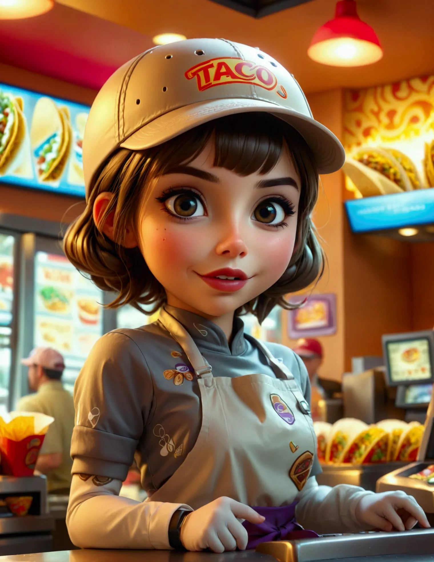 a cute android fast food worker in an apron and cap, awkwardly happy poses, working the cash register at a crowded, busy taco be...