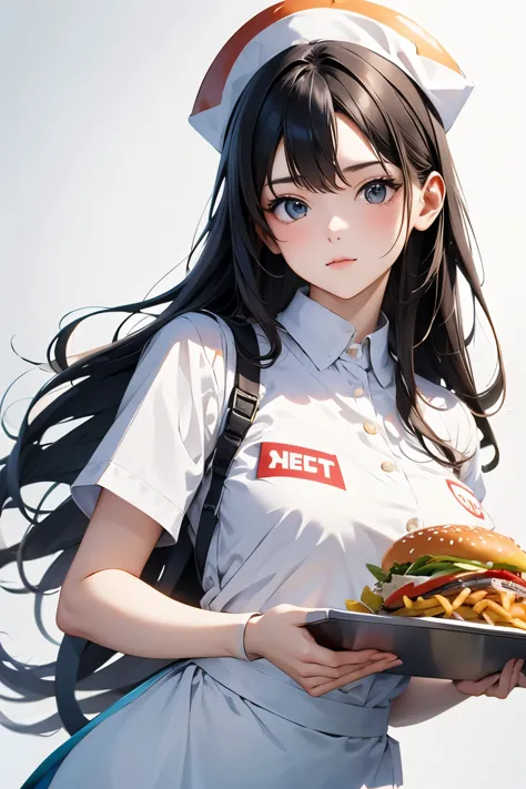 (young woman wearing a fast food restaurant uniform、wearing a paper hat、hamburger_french fries_holding a tray with drinks:1.4)、c...