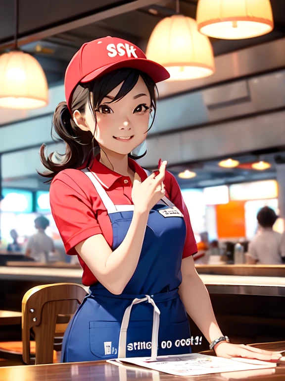 1 girl, Image of a fast food worker taking an order at the register。The uniform includes an apron and a cap.、I have a name tag on my polo shirt。In the background of the restaurant is a food court.、Bright lighting and promotional signs convey a sense of energy.。It depicts moments of interaction with customers.。