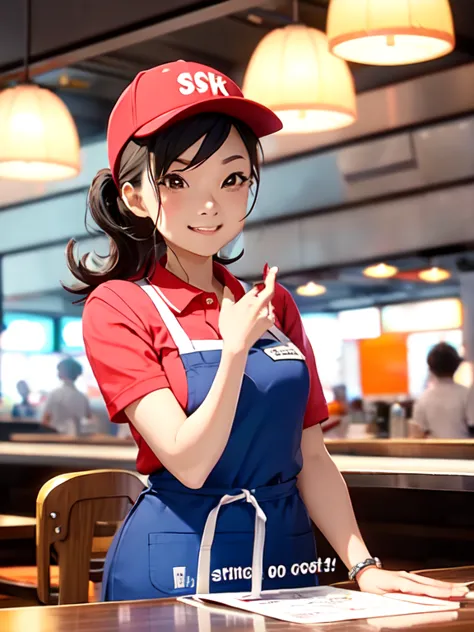 1 girl, Image of a fast food worker taking an order at the register。The uniform includes an apron and a cap.、I have a name tag o...