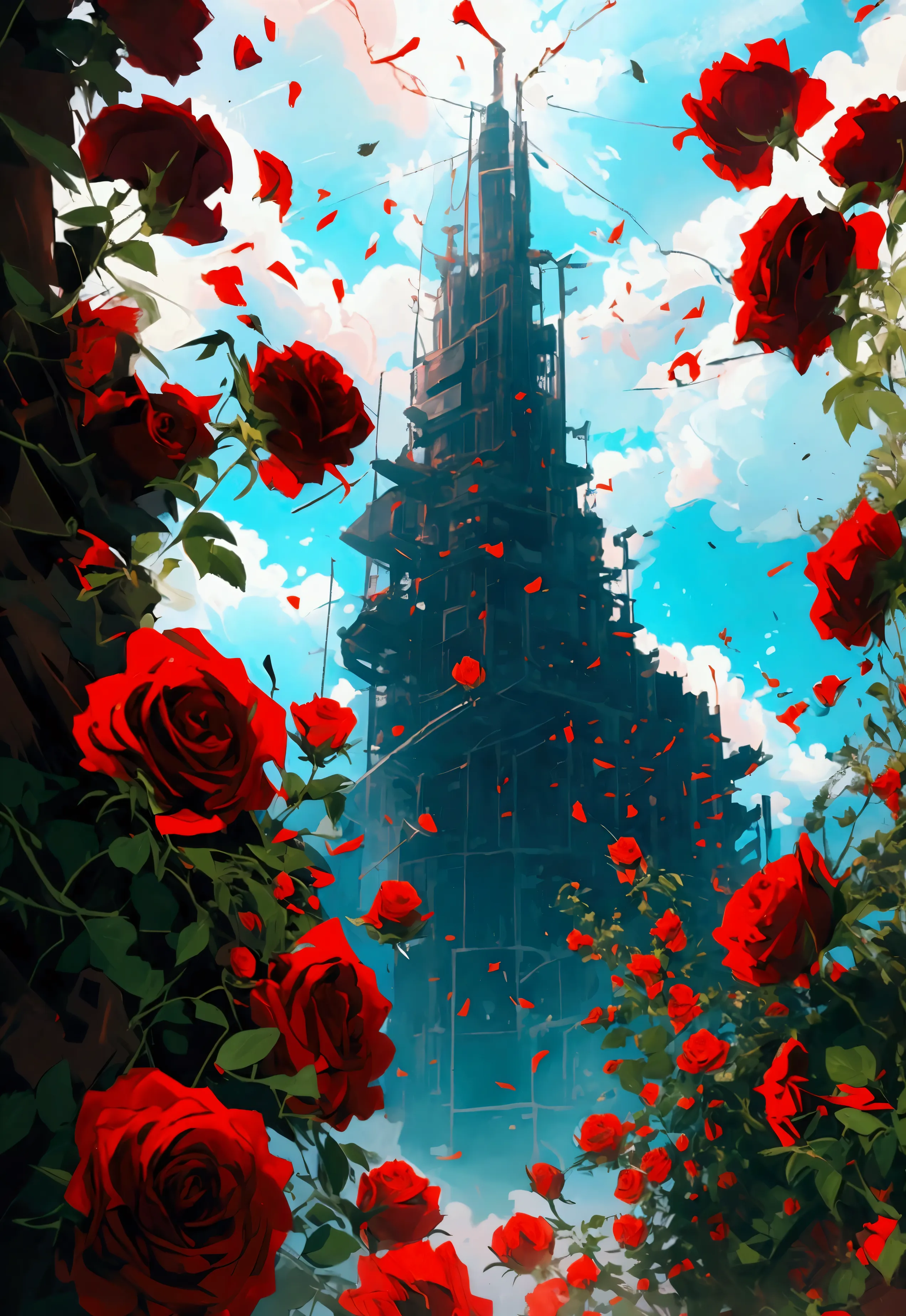 Roses grow lush，Red particles were floating in the sky，A skyscraper filled with vines，Wilderness Wind，Apocalyptic