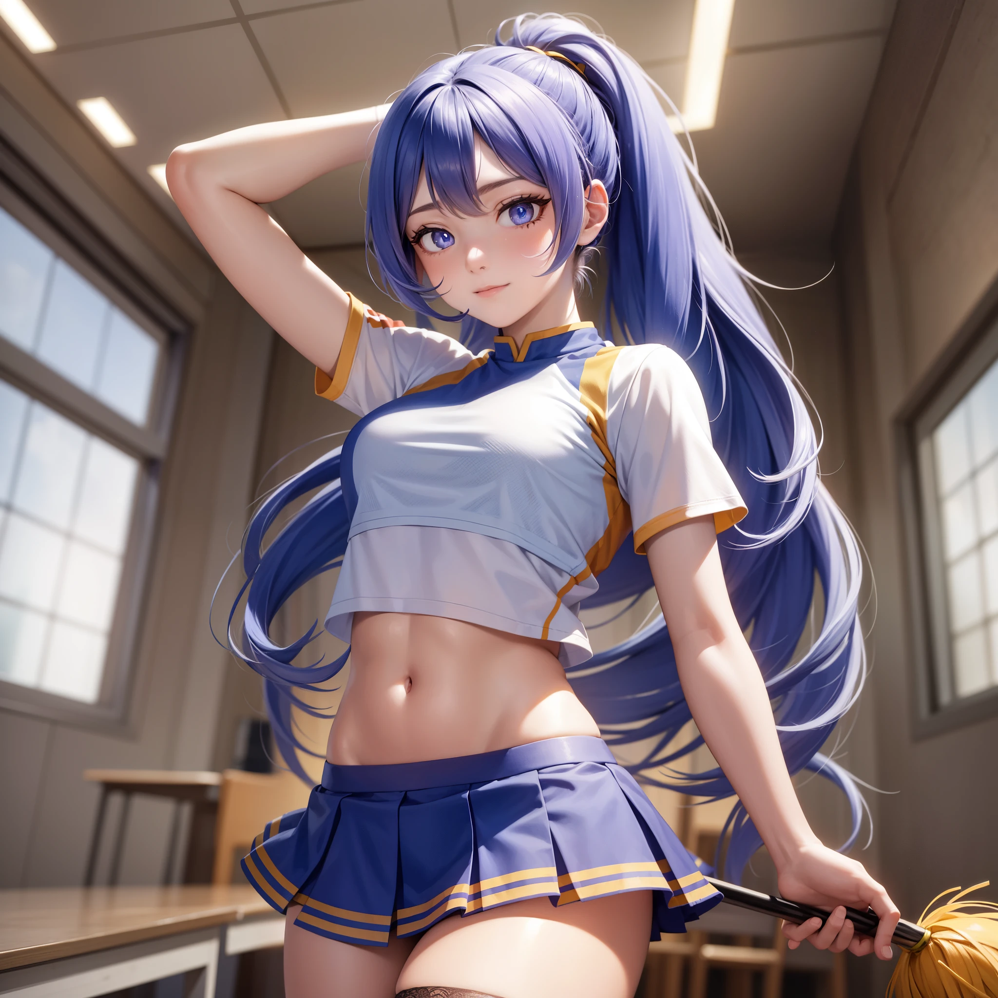 Highres, Masterpiece, Best quality at best,Best Quality,hight quality, hight detailed, 1girl, girl,  nejire hadou, blue eyes, blue hair, long hair,
BREAK cheerleader, crop top, midriff, sweat, navel, orange skirt, pink footwear,  (view from front), ponytail, skirt, (u.a. cheerleader uniform:1.5),
BREAK looking at viewer, upper body, close-up body, 
BREAK indoors, classroom,
BREAK (masterpiece:1.2), best quality, high resolution, unity 8k wallpaper, (illustration:0.8), (beautiful detailed eyes:1.6), extremely detailed face, perfect lighting, extremely detailed CG, (perfect hands, perfect anatomy),