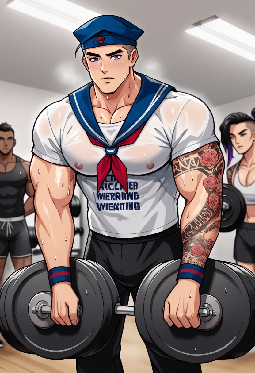  a caricature of a man resembling Popeye,  tattooed biceps, sailor cap and t-shirt, doing weightlifting with weights, sweating profusely, acrylic, modern cartoon illustration,