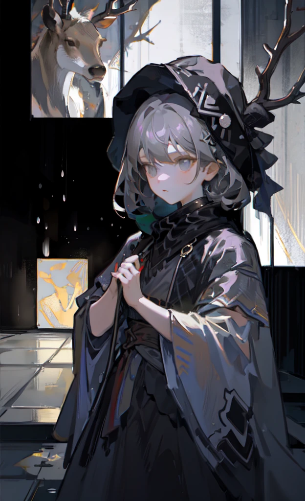 1. Little Girl，Gray Theme，Abstract Art，No face，Gray short hair，Small ball ponytail，Plaid cloak，Deer hunting hat，Foggy，Various staggered chairs，Black and white diamond floor tiles，rain，Reflection，（（Red crisscross ribbons close up）），The vista is blurred，Small proportion of characters