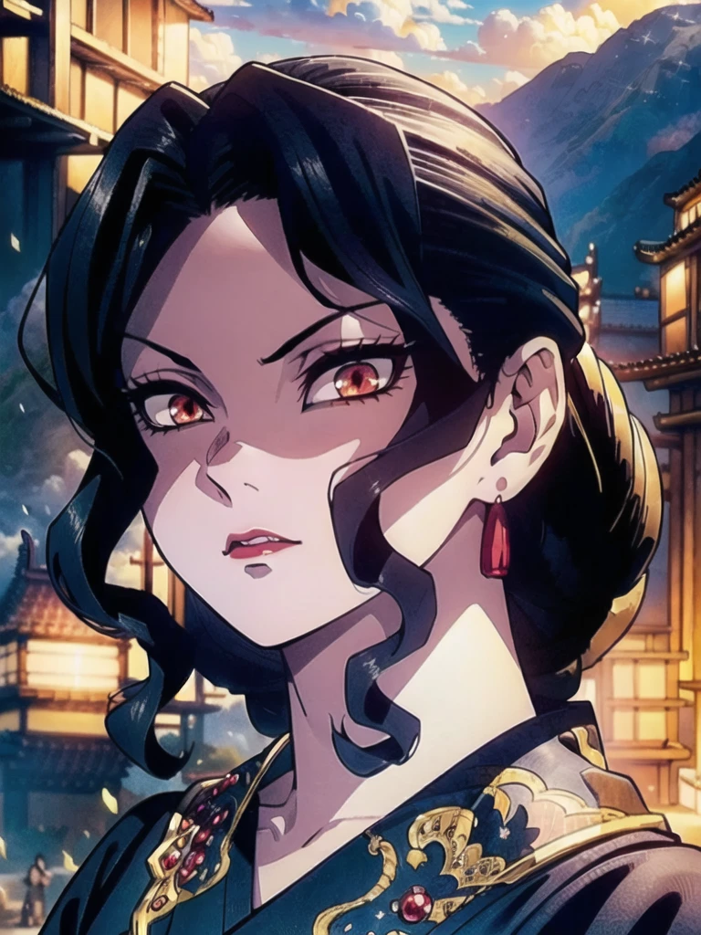 Ultra-realistic 8k CG,masterpiece,((ultra-detailed background, delicate pattern, intricate details)),best quality,very detailed face,extremely detailed eyes and face,(extremely detailed eyes:1.2),(masterpiece:1.2, best quality),MuzanFemale,1girl,red eyes,kimono,black hair,solo,looking at viewer,red lips,makeup,hair ornament,earrings,jewelry,solo,long hair,angry,closed mounth,cinematic lighting,demonic ritual,demonic,red particles,detailed background,complex structures,hyperdetailed sharp face,dynamic pose,Sunny day,Sun,Light,Tindal effect,Ancient towns in Japan,Charming posture,Cloud,(fantasy illustration:1.3),enchanting gaze,captivating pose,otherworldly charm,mystical sky,soft colors,(detailed cloudscape:1.3),(high-resolution:1.2),ulzzang-6500,