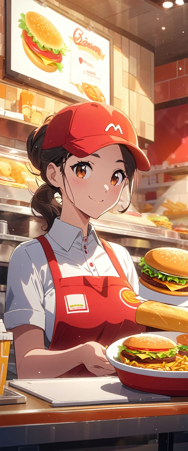 Close-up of beautiful, cute, hard-working and lively fast food restaurant clerk.Beautiful and extremely textured foreground and background，detailed, bright, Animation style high definition and high quality presentation,