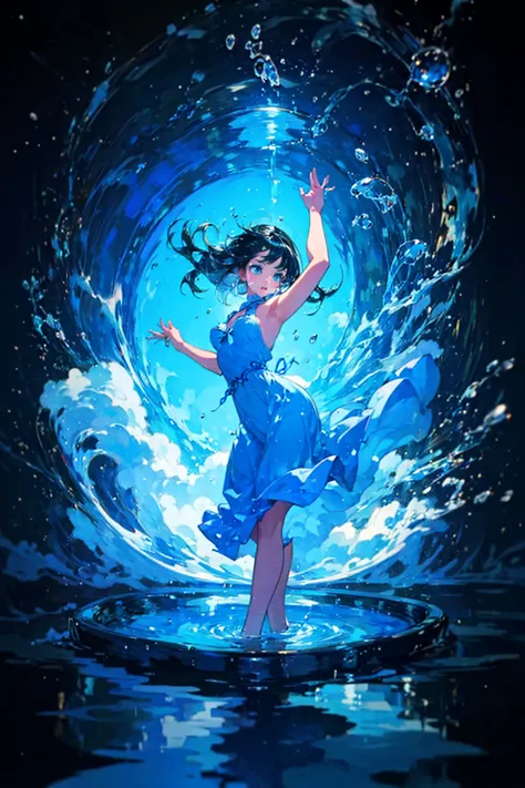 1girl,solo,cool,brilliant eye,Aquarius,dancing in the water,flowing water,water splashes,she has a water jar,water pot