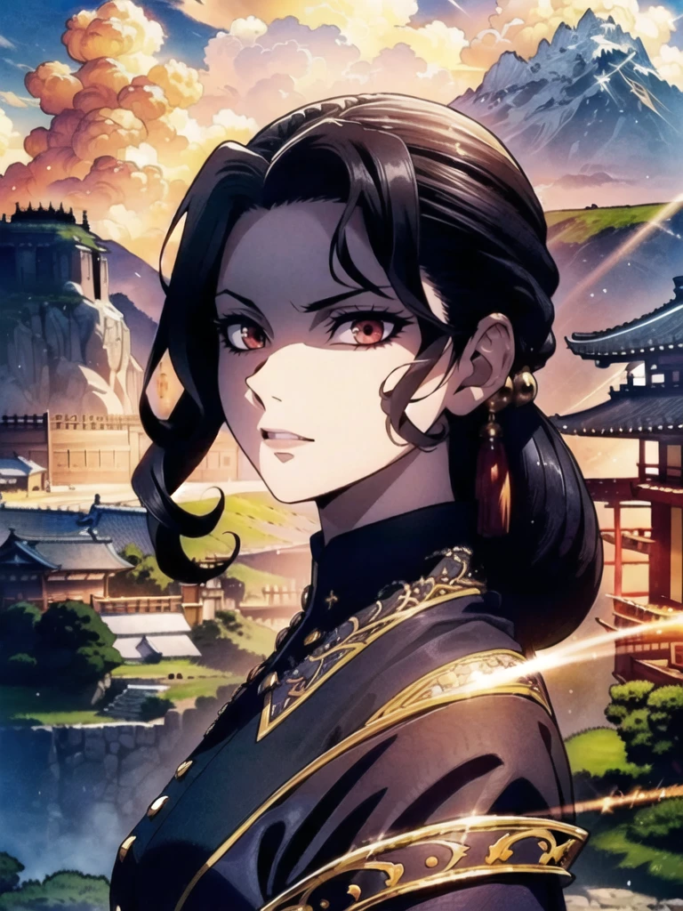 Ultra-realistic 8k CG,masterpiece,((ultra-detailed background, delicate pattern, intricate details)),best quality,very detailed face,extremely detailed eyes and face,(extremely detailed eyes:1.2),(masterpiece:1.2, best quality),MuzanFemale,1girl,red eyes,elegant gown ,black hair,solo,looking at viewer,red lips,makeup,hair ornament,earrings,jewelry,solo,long hair,angry,closed mounth,cinematic lighting,demonic ritual,demonic,red particles,detailed background,complex structures,hyperdetailed sharp face,dynamic pose,Sunny day,Sun,Light,Tindal effect,Ancient towns in Japan,Charming posture,Cloud,(fantasy illustration:1.3),enchanting gaze,captivating pose,otherworldly charm,mystical sky,soft colors,(detailed cloudscape:1.3),(high-resolution:1.2),ulzzang-6500,