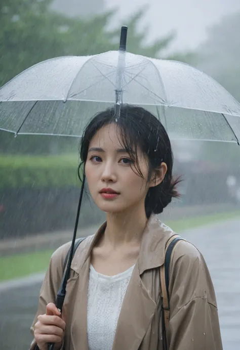 masterpiece, best quality,rain, in the rain, 1 short korean japanese woman, foggy park, looking at viewer