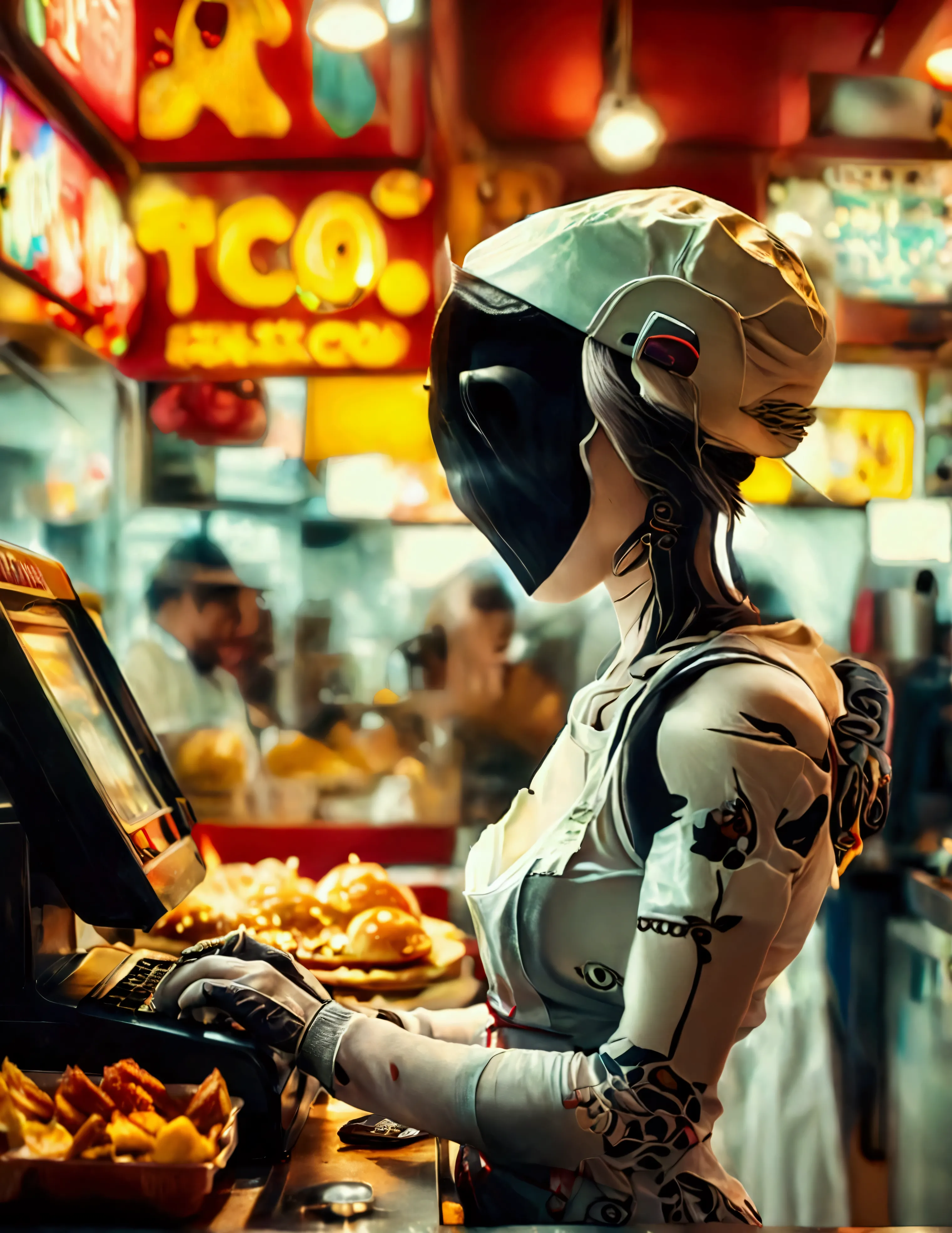 A android fast food worker(cute woman, apron and cap, awkward happy poses), is working the cash register at 'Taco Bell', crowded...