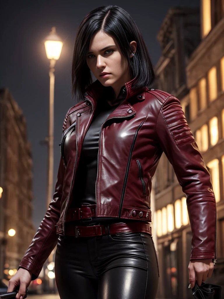 (A beautiful 25 years old British female vampire mercenary:1.4), (short wolfcut black hair:1.2), (pale skin), (detailed skin:1.2), (serious face), (wearing crimson leather jacket and black tight pants:1.4), (waist up shot:1.2), view from front, (dynamic action pose:1.2), (chiaroscuro lighting:0.8), (dark city at night:1.2), photo realism, intricate face detail, intricate hand details, highly detailed, vibrant colors, cinematic, 8k, trending on Artstation--style raw