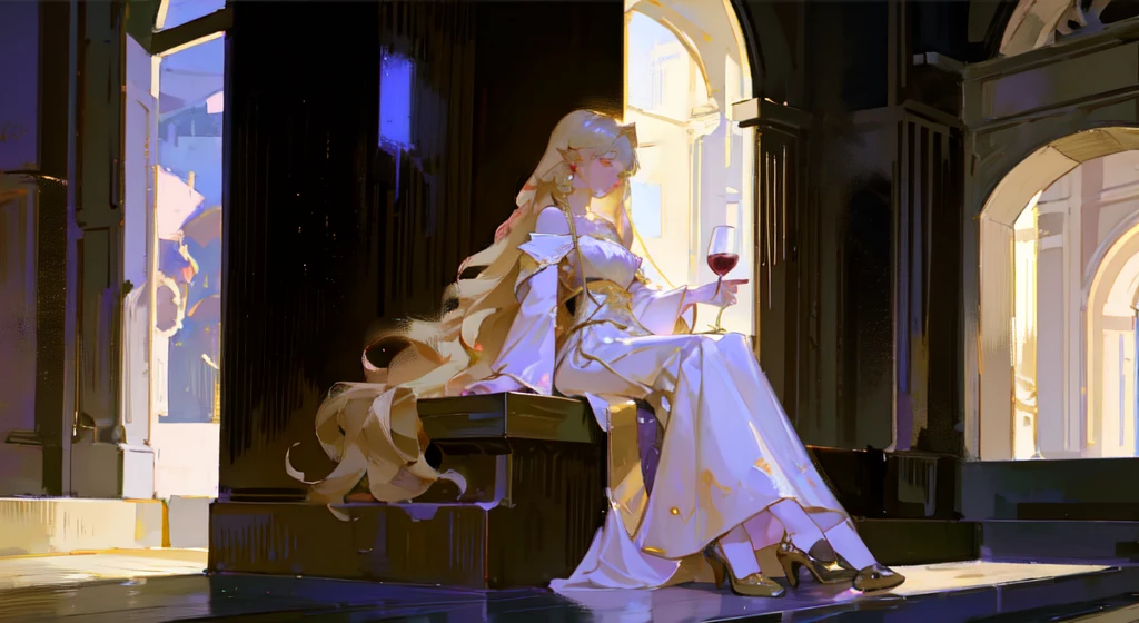 1Little girl，Pink and white European aristocratic clothing，Super long skirt that covers the heels，Wide-brimmed hat，Blonde curly long hair，Jewels flying，Wine Glass，ham，Gold ingot，banquet，Interior of the hall，Warm colors，Multiplayer，lively，（Everyone has no face），（Pink theme）