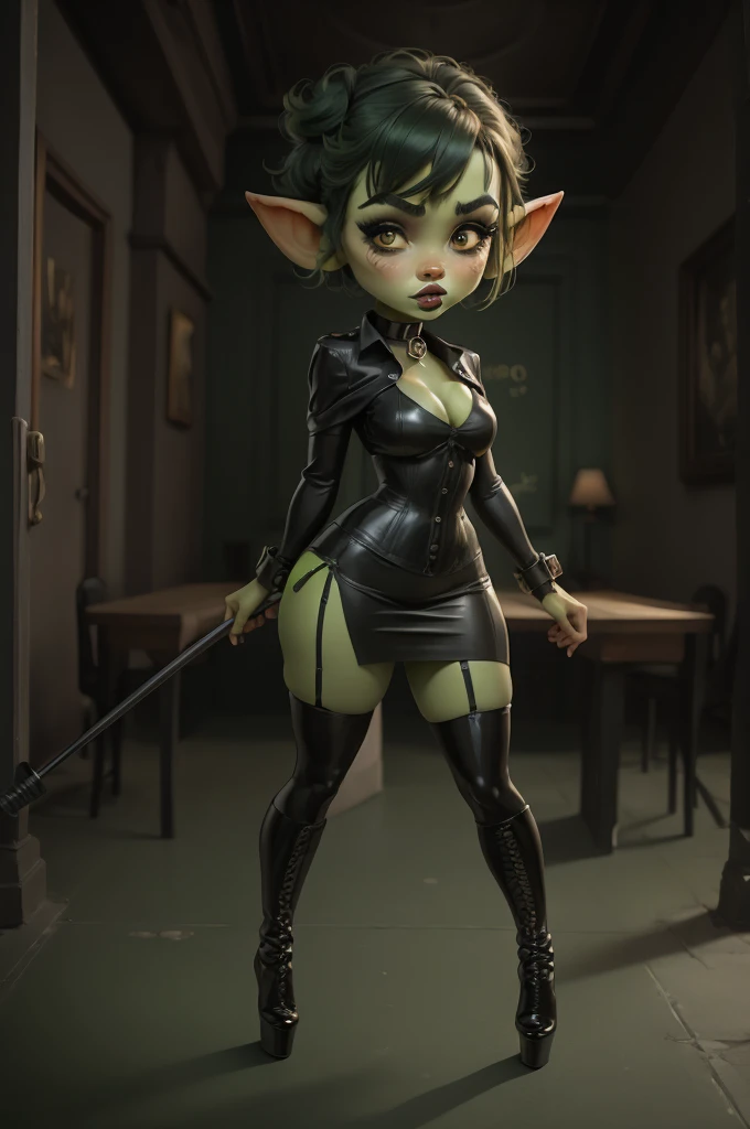 Goblin girl. green skin. very short hairstyle. choker. black pouty lips. big breats , hourglass figure, goth, eyeshadow, eyeliner, thigh high boots, high heels, riding crop, miniskirt, police hat