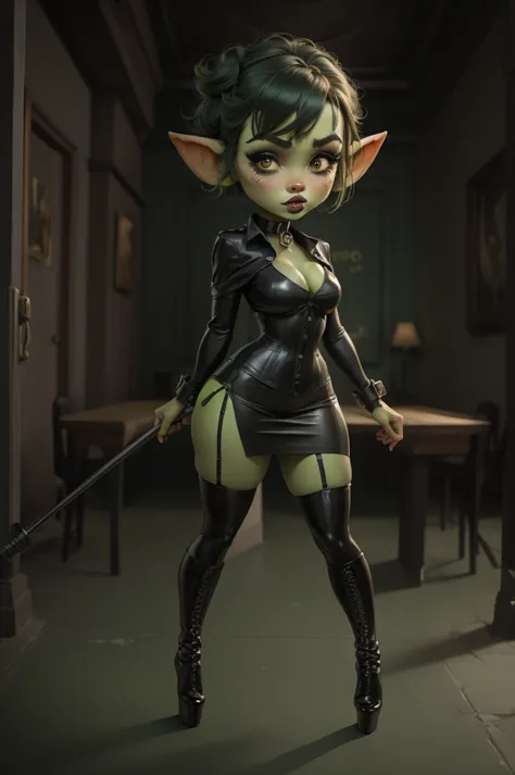 goblin girl. green skin. very short hairstyle. choker. black pouty lips. big breats , hourglass figure, goth, eyeshadow, eyeline...