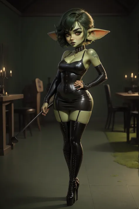 goblin girl. green skin. very short hairstyle. choker. black pouty lips. big breats , hourglass figure, goth, eyeshadow, eyeline...