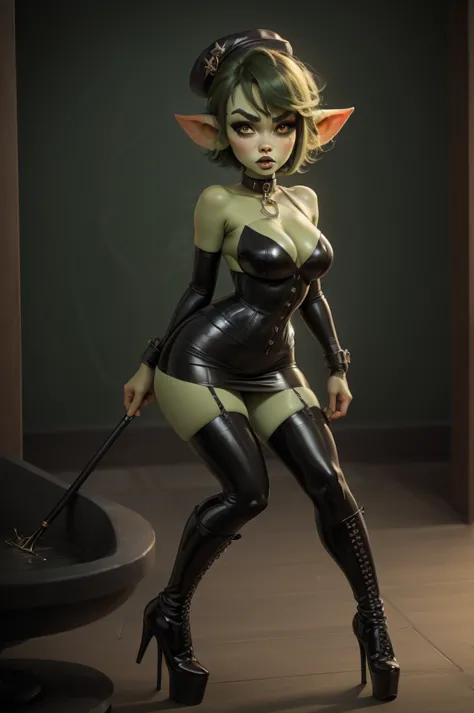 goblin girl. green skin. very short hairstyle. choker. black pouty lips. big breats , hourglass figure, goth, eyeshadow, eyeline...