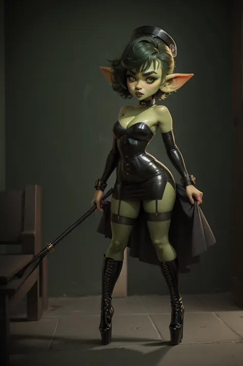 goblin girl. green skin. very short hairstyle. choker. black pouty lips. big breats , hourglass figure, goth, eyeshadow, eyeline...