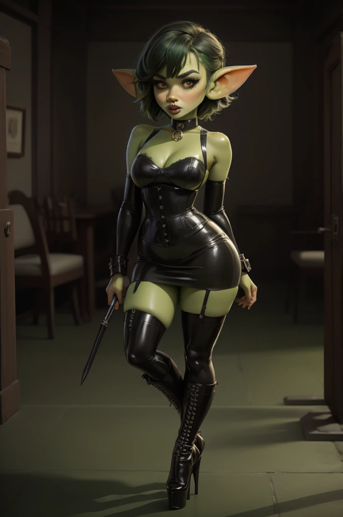 Goblin girl. green skin. very short hairstyle. choker. black pouty lips. big breats , hourglass figure, goth, eyeshadow, eyeliner, thigh high boots, high heels, riding crop, miniskirt, police hat