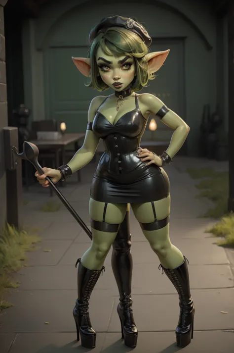 goblin girl. green skin. very short hairstyle. choker. black pouty lips. big breats , hourglass figure, goth, eyeshadow, eyeline...