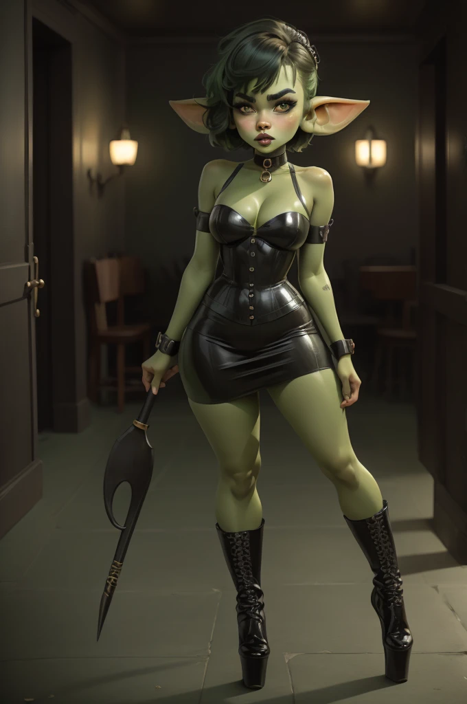 Goblin girl. green skin. very short hairstyle. choker. black pouty lips. big breats , hourglass figure, goth, eyeshadow, eyeliner, thigh high boots, high heels, riding crop, miniskirt, police hat