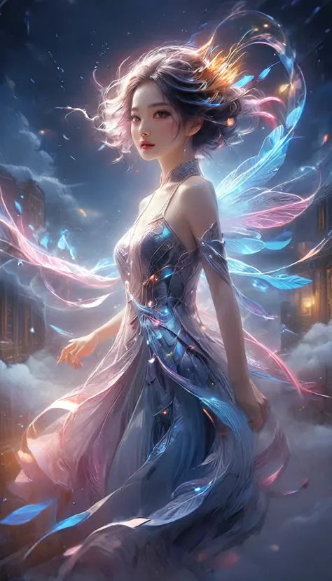 (Magical girl:1.8)，1 female，（Violet Dress），flowing tulle，Beautiful and elegant woman，Ride the majestic Phoenix，Soar into the clo...