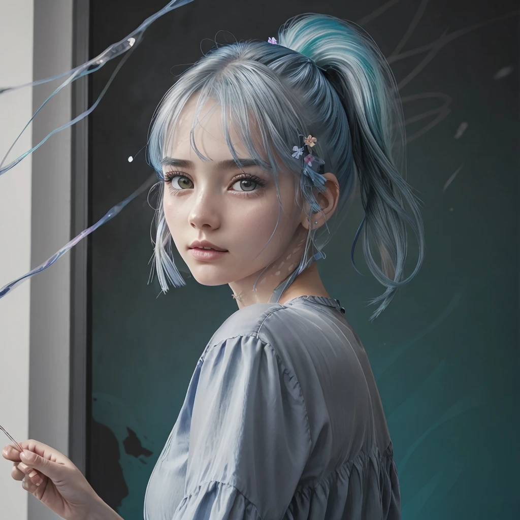 (masterpiece), (best quality), (ultra detailed),(disheveled hair),(illustration), (1girl), (Fashionable clothing), standing, Fashion model, looking at viewer, (interview), (simple background),beautiful detailed eyes, delicate beautiful face, Floating,(high saturation),(colorful splashes),colorful bubble,(shining), focus on body,  ponytail, kamisato ayaka, light blue hair, bangs, hair ring, floating flowers, floating hairs, (shining), best lighting, best shadow,