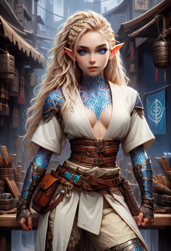 D&D character art. athletic slender female elf. colorful tribal and rune tattoos, 150cm in hight, big blue eyes,long wild blond hair with site cornrows. wearing pale white ronin leather kimono. reinforced armored bracers. fingerless armored gloves. wide leather utility tool belt. leather haka pants. armored boots. a broad vicious katana hanging from belt. standing in front of a magic equipment vendor in a fantasy magic marketplace. oil painting style
