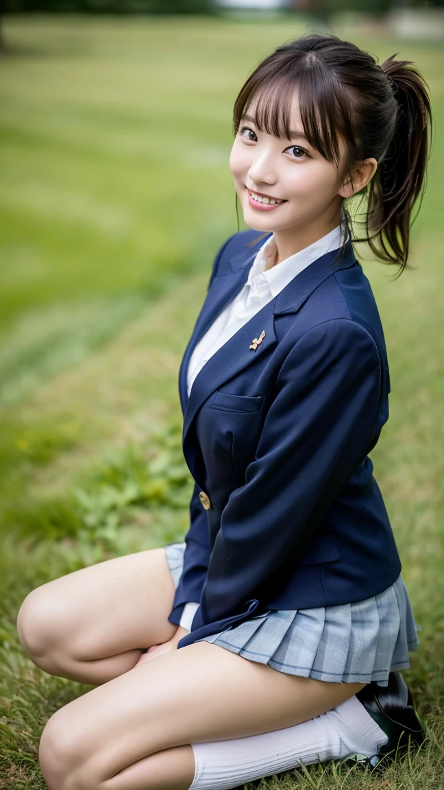 high detail、high quality、8K Photo、Anatomically perfect body、Japanese high school girls、One beautiful girl、smile、In uniform、(Brown blazer、Blue checked pleated skirt、Navy blue knee socks、Brown Loafers、ponytail、Double eyelids、White panties)、(Sitting on the grass、Raise your knees and sit with your buttocks on the ground1.5)、((Between the legs in detail、Thighs、between legs、the hem of the skirt rises、Absolutely front angle 1.5、Face the photographer、Angle from the ground1.5))